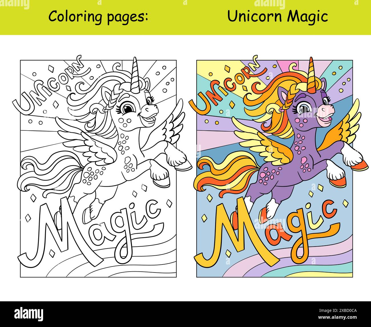 Allegro unicorno volante nel cielo con la scritta "Unicorno magico". Illustrazione vettoriale cartoni animati. Pagina da colorare monocromatica per bambini con modello colorato. Per e. Illustrazione Vettoriale