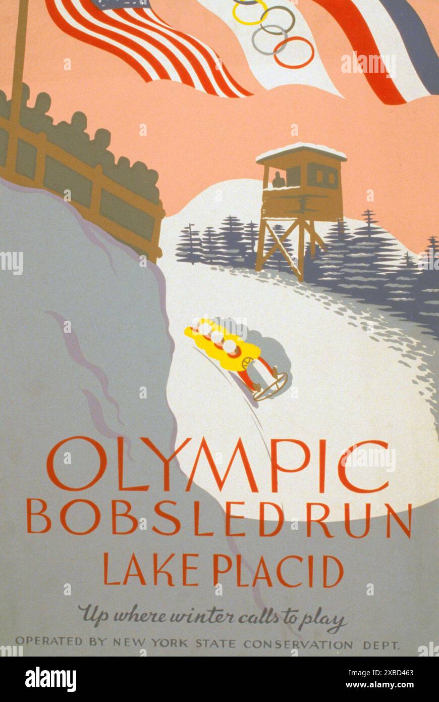 Pista olimpica da Bob, Lake Placid Up, dove l'inverno chiama a giocare. Poster che promuove gli sport invernali, mostra quattro uomini Bob su pista da Bob, intorno al 1938 Foto Stock