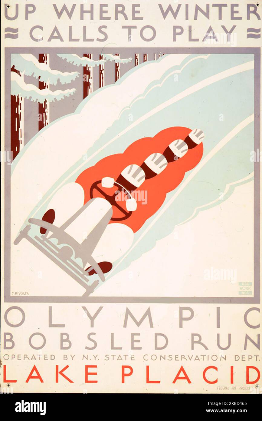 In inverno si chiama per giocare a Bob olimpico Lake Placid - poster che promuove gli sport invernali, mostrando quattro persone in Bob, circa 1938 Foto Stock