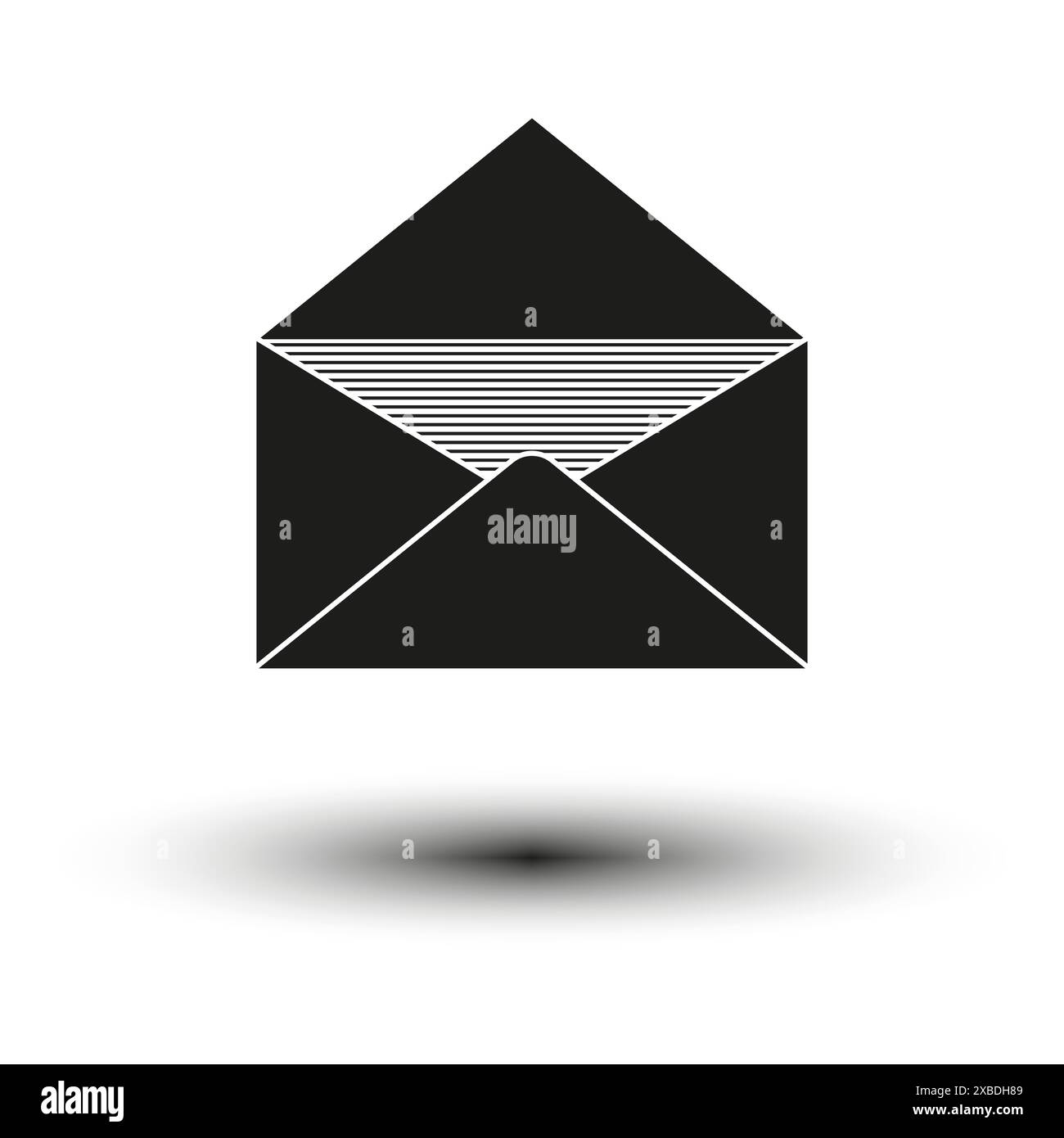 Icona vettore inviluppo. Aprire la busta nera. Rivestimento a righe. Design semplice e minimalista. Illustrazione Vettoriale