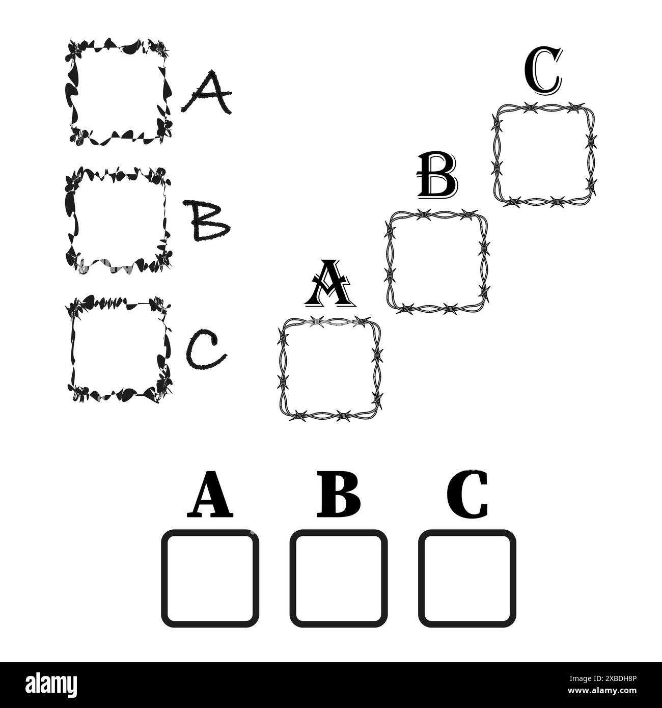 Icone cornice alfabetica. Disegni vettoriali neri. Nove stili diversi. Illustrazioni dei bordi decorativi. Illustrazione Vettoriale