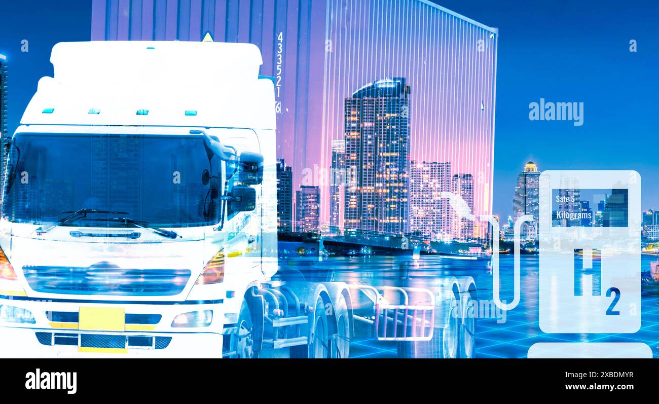 Camion elettrico e stazione di rifornimento di idrogeno in città sostenibile. Trasporto a emissioni zero con veicoli a celle a combustibile a idrogeno e tecnologia verde. Foto Stock