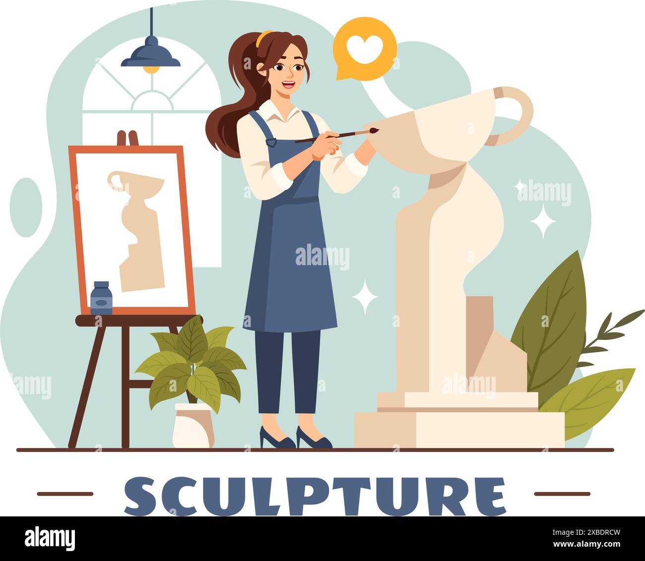 Illustrazione vettoriale della scultura in pietra che raffigura un artigiano che intaglia una roccia utilizzando strumenti di scultura in un disegno di sfondo di cartone animato in stile piatto Illustrazione Vettoriale