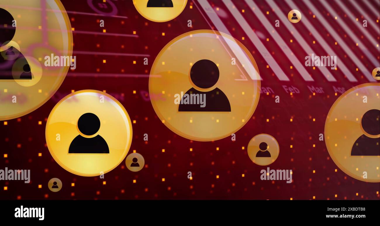 Immagine dell'elaborazione dei dati su icone dei social media su sfondo rosso Foto Stock