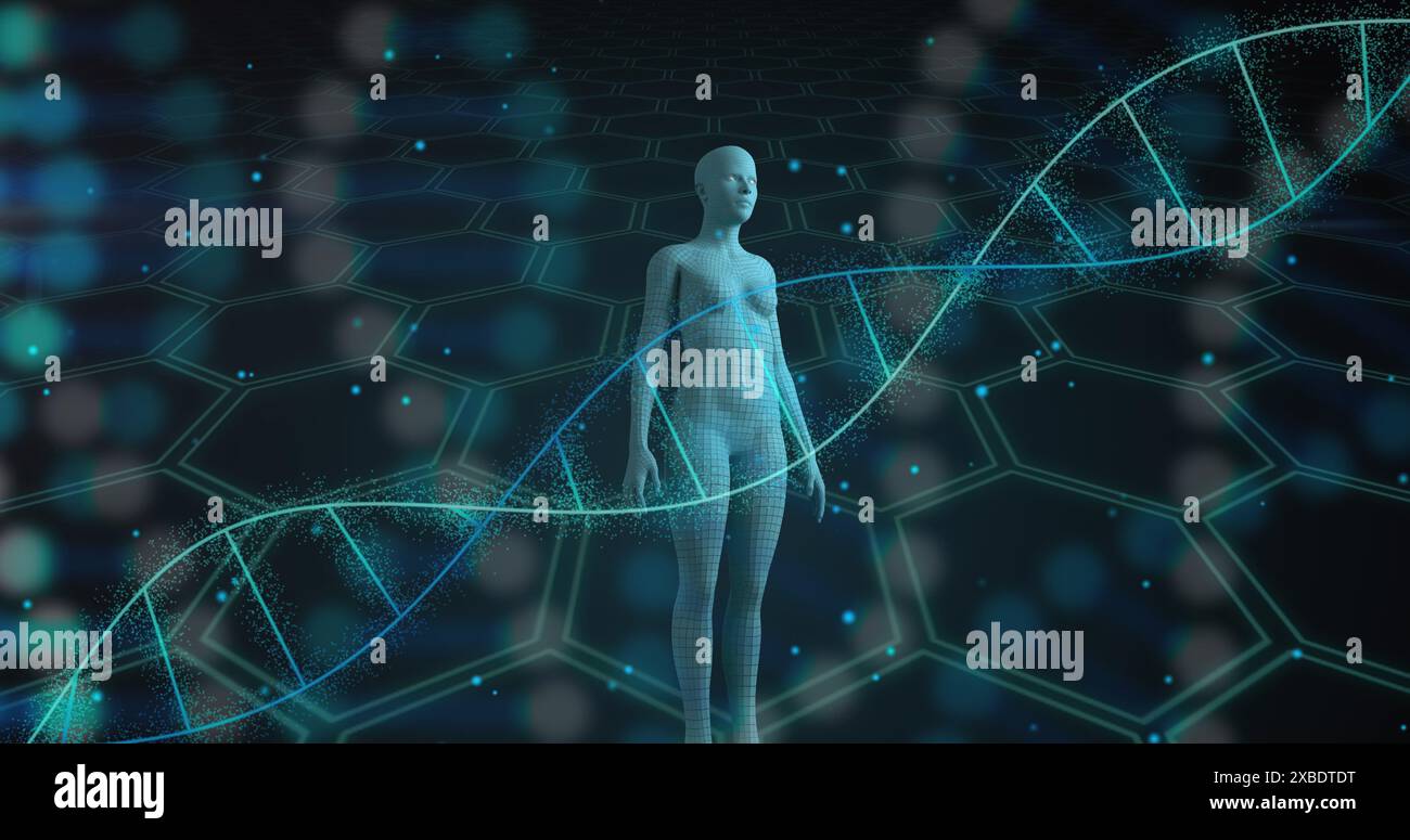 Immagine di filamenti di dna, elaborazione di dati scientifici e corpo umano Foto Stock