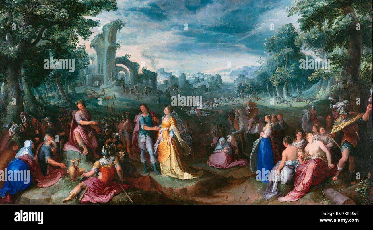 Paesi Bassi/Tunisia: "Il continente di Scipione". Olio su rame dipinto di Karel van Mander il Vecchio (1548-1606), 1600. Scipione (235–183 a.C.), noto anche come Scipione Africano e Scipione il Vecchio, fu un generale romano durante la seconda guerra punica. È noto soprattutto per aver sconfitto Annibale e i Cartaginesi nella battaglia di Zama vicino a Cartagine il 19 ottobre 202 a.C. "La continuazione di Scipione" si riferisce ad un episodio in cui Scipione rifiutò un pesante riscatto per una giovane prigioniera, invece la restituì illesa al suo fidanzato Allucio, che a sua volta promise il sostegno della sua tribù a Roma. Foto Stock