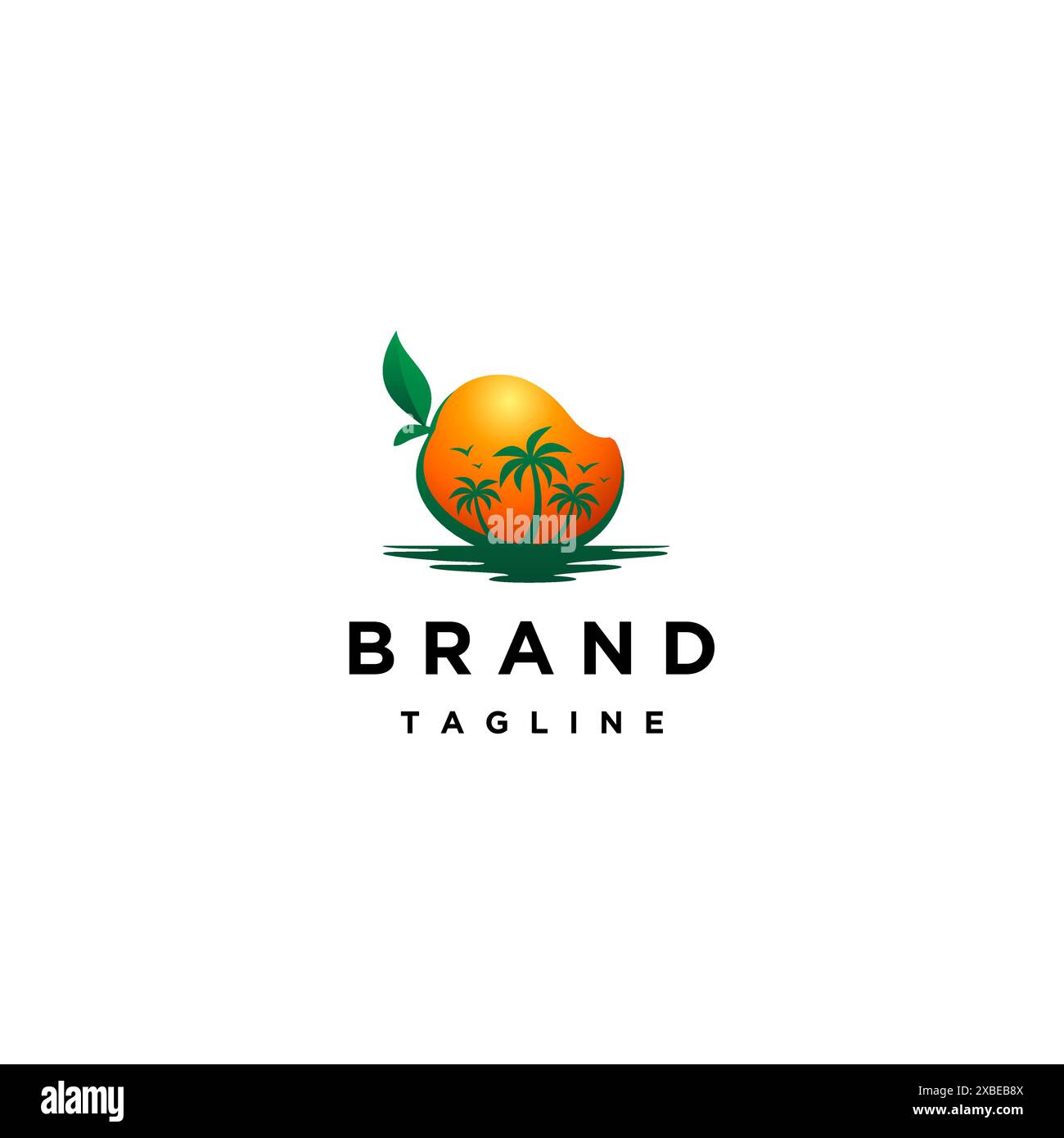 Design con logo Tropical Mango Island. Frutta di mango con una calda silhouette dell'isola tropicale all'interno. Illustrazione Vettoriale