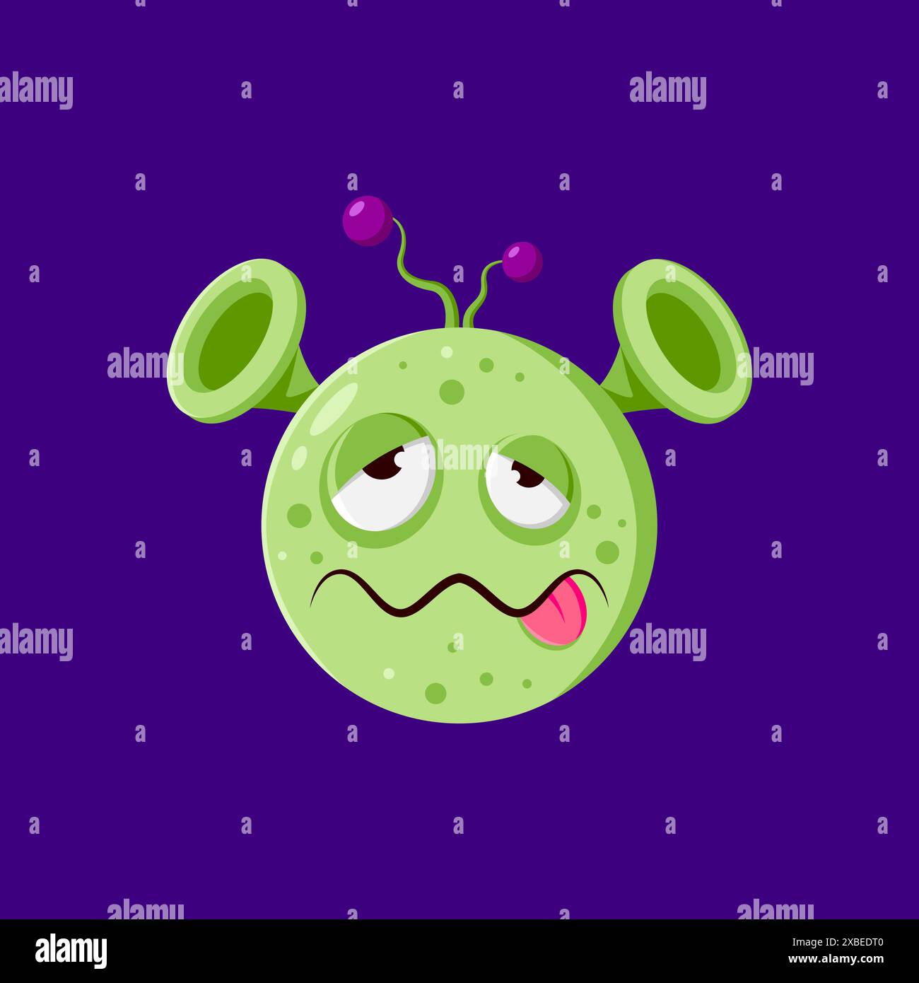 Personaggio emoji alieno delle festività di Halloween con una pelle verde inquietante, occhi spaventosi e lingua aderente. Vettoriale isolato divertente personaggio confuso o sconcertato, che sfoggia un'atmosfera extraterrestre minacciosa Illustrazione Vettoriale