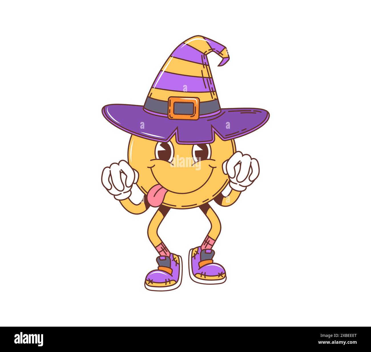 Emoji cartoni animati con un sorriso rétro di Halloween in un cappello da strega per le vacanze notturne horror, personaggio vettoriale. Sorriso comico divertente e divertente con faccia felice e lingua sciocca per il trucco o il regalo di Halloween Illustrazione Vettoriale