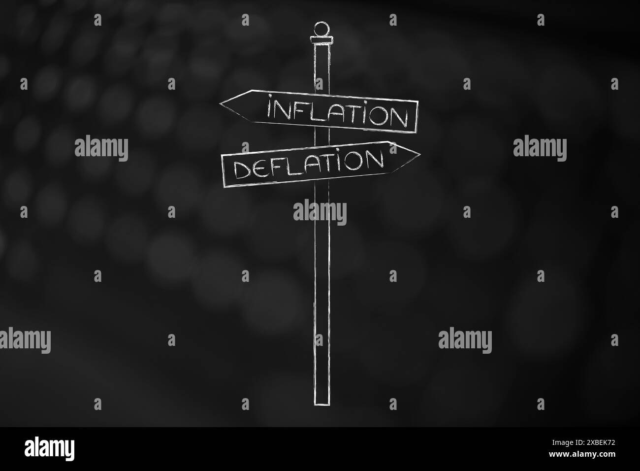 illustrazione della segnaletica stradale inflazione vs deflazione con concetti economici che puntano in direzioni opposte Foto Stock