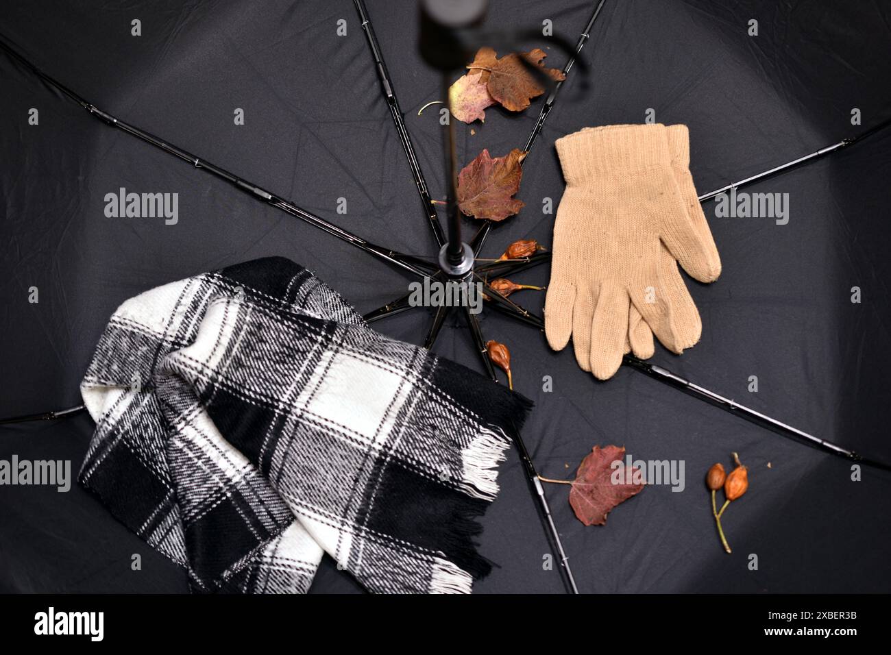I guanti e una sciarpa sono stesi a fuoco aperto, che ti terranno caldo durante le piogge fredde. Foto Stock