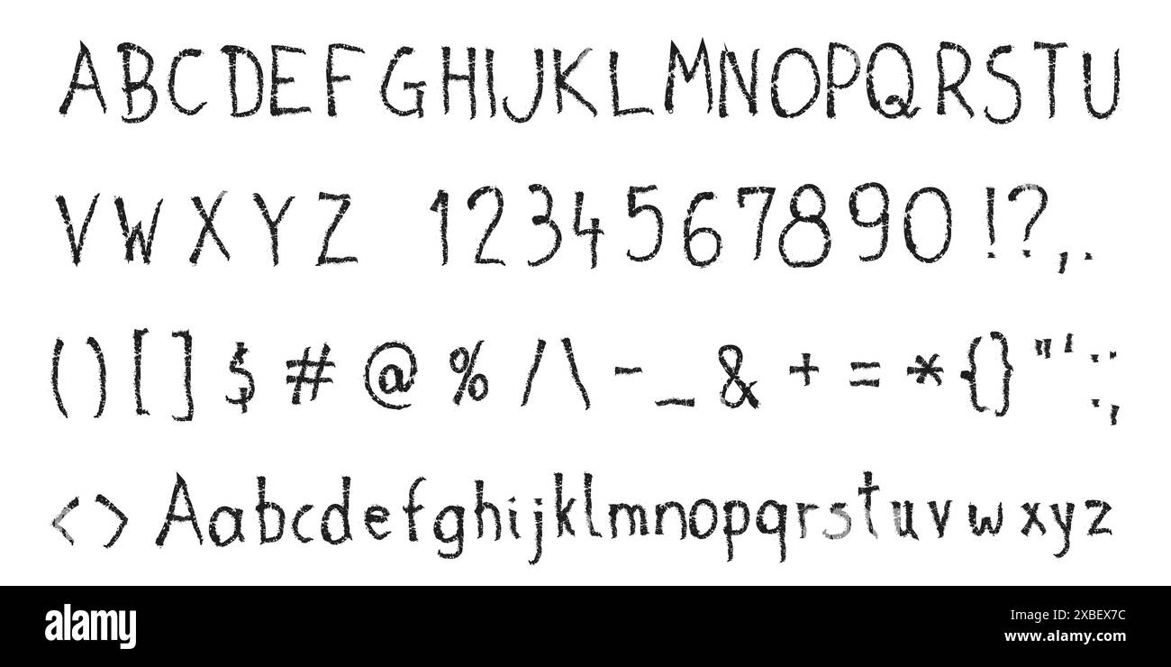 Set di alfabeti a matita disegnata a mano. Set completo di caratteri maiuscoli e minuscoli - caratteri per lettere in stile casual scritti a mano. Carattere vettoriale. Illustrazione Vettoriale
