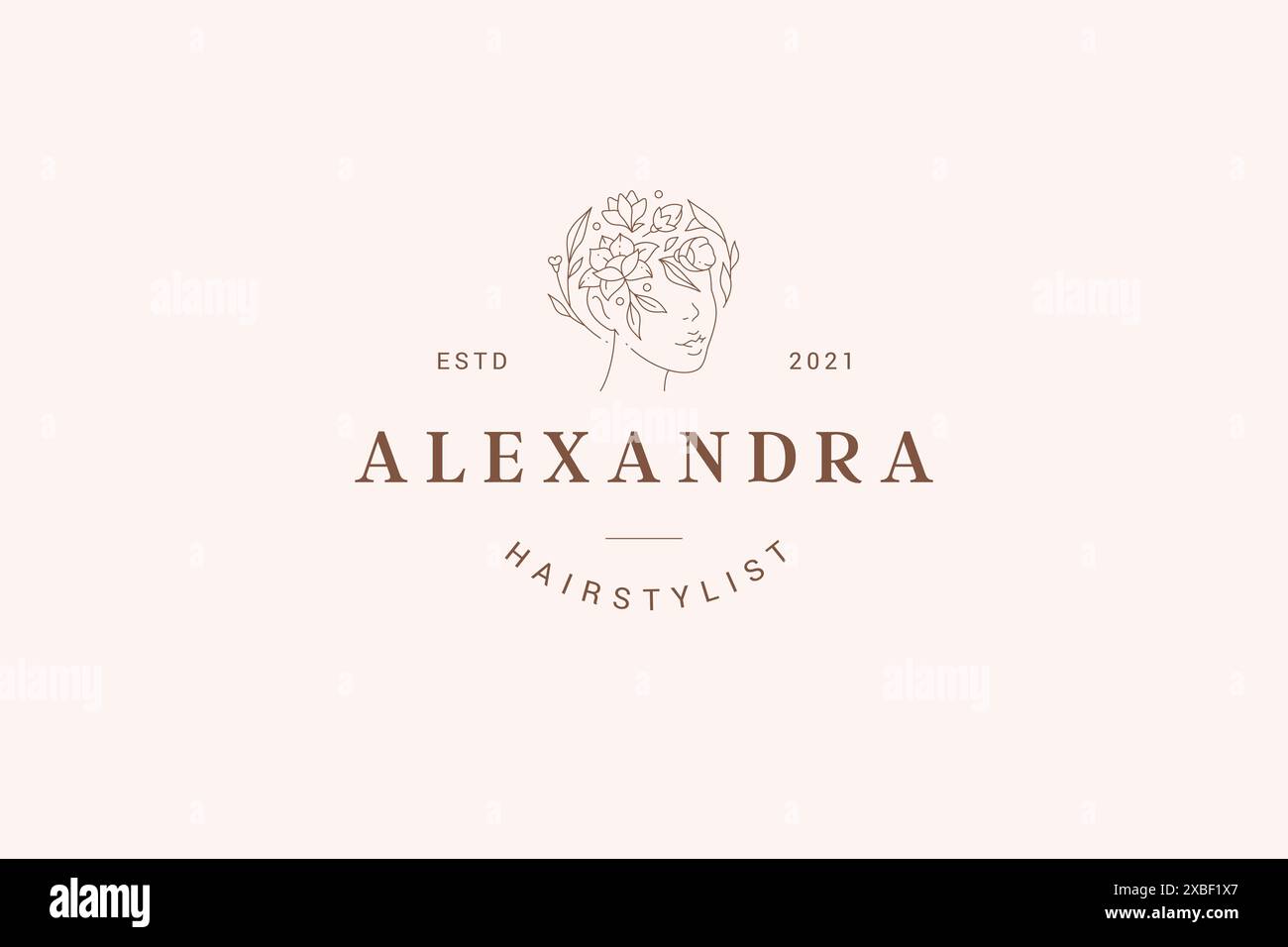 Illustrazione vettoriale con logo a molla e testa della corona con motivo a forma di fiore per donna in linea minimalista. D. Floreale femminile monocromatico floreale botanico organico Illustrazione Vettoriale