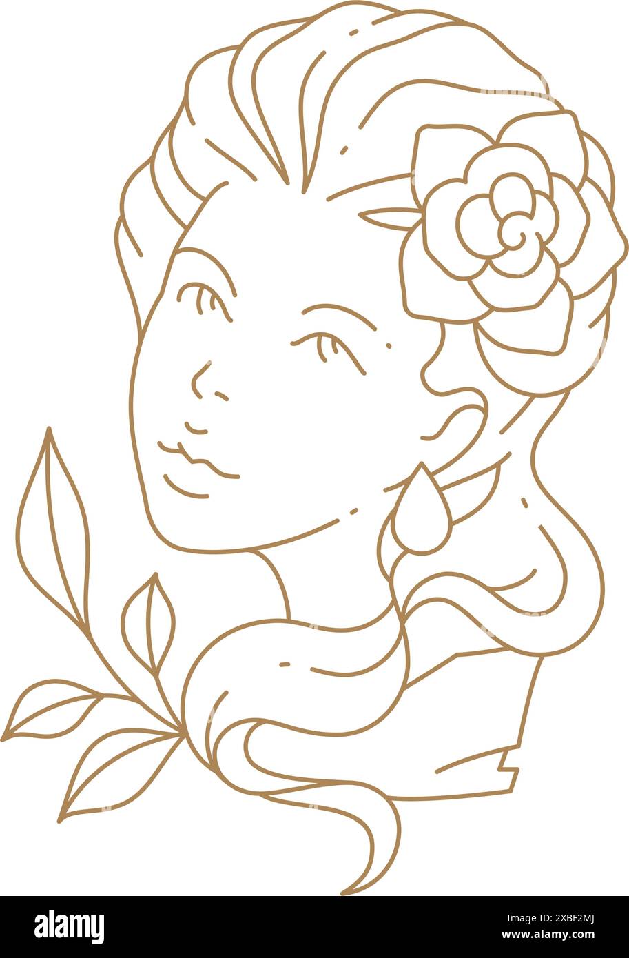 Illustrazione vettoriale dell'icona della linea art deco del busto della donna antica. Bellissimo elegante logo monocromatico femminile semplice per salone di bellezza, spa, cura del corpo viso isola Illustrazione Vettoriale