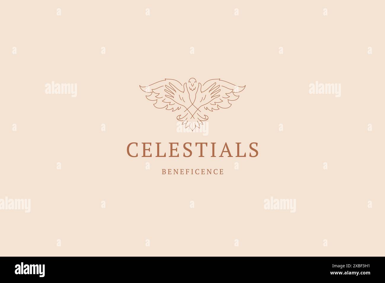 Elegante piccione con ali aperte e lancette incrociate illustrazione vettoriale con logo grafico a linee minimalista. Romantica colomba spirituale uccello selvatico simbolo di libertà Illustrazione Vettoriale