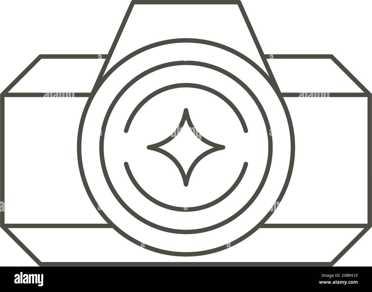 Fotocamera fotografica line art monocromatica con attrezzatura per l'icona del bagliore dell'obiettivo per foto di viaggio, illustrazione vettoriale giornalista professionale. Lineare semplice l Illustrazione Vettoriale