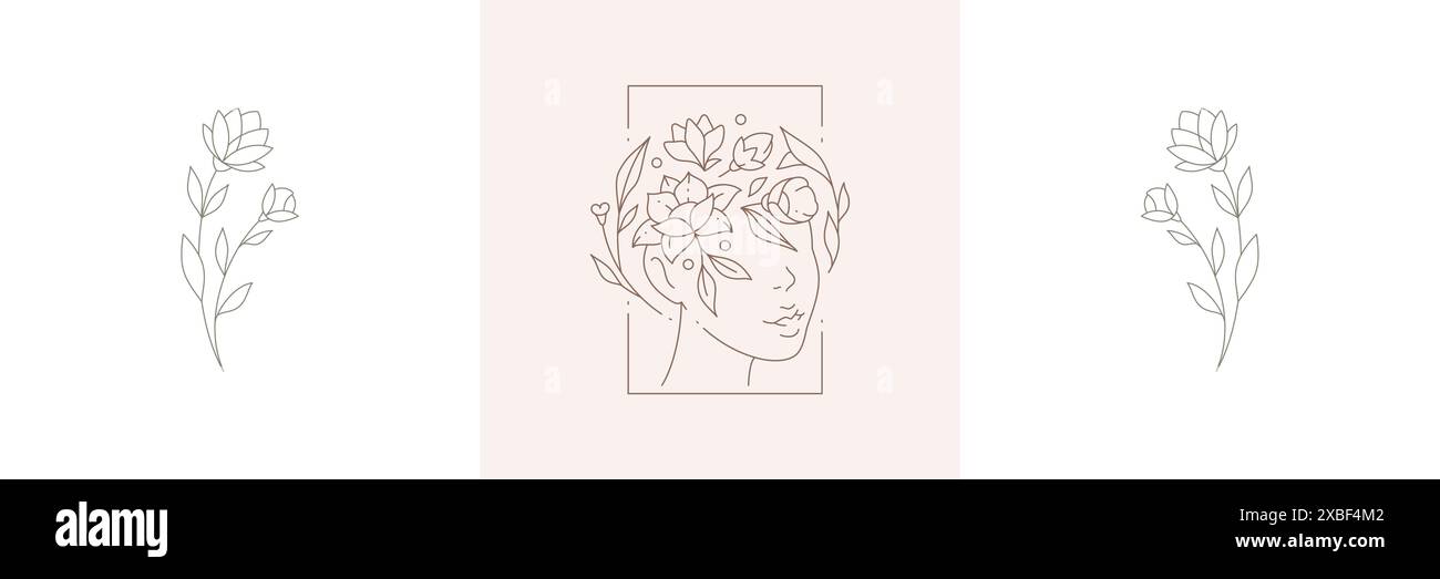 Elegante modello di invito per la bellezza botanica femminile monocromatica, illustrazione vettoriale pastello. La corona di fiori della testa di donna line art è squadrata Illustrazione Vettoriale