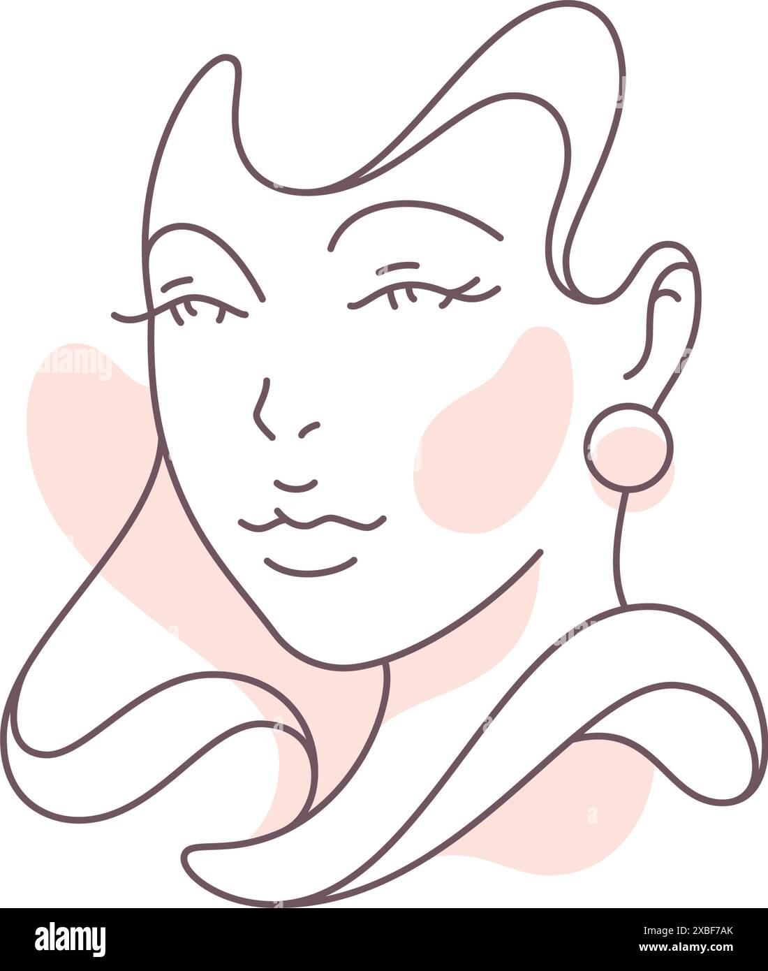 Graziosa silhouette femminile orecchini che ondulano acconciatura linea continua icona art deco illustrazione vettoriale. Design astratto del logo del poster alla moda della testa della signora Illustrazione Vettoriale