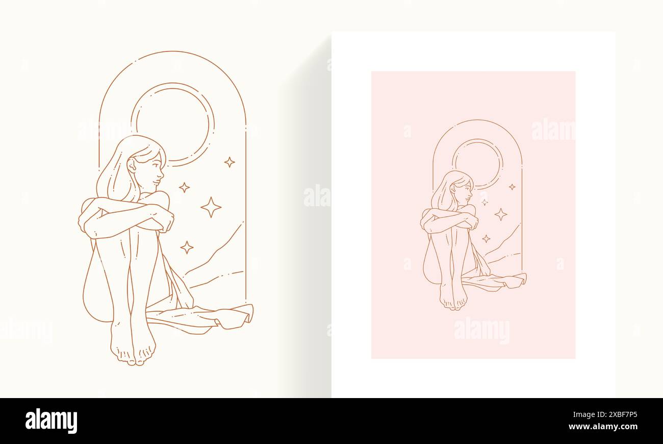 Piacevole donna esoterica in abito antico seduta che abbraccia le gambe ammirando le stelle astratte cornice mlinimalista icona grafica vettoriale. Dreamin pensivo Illustrazione Vettoriale