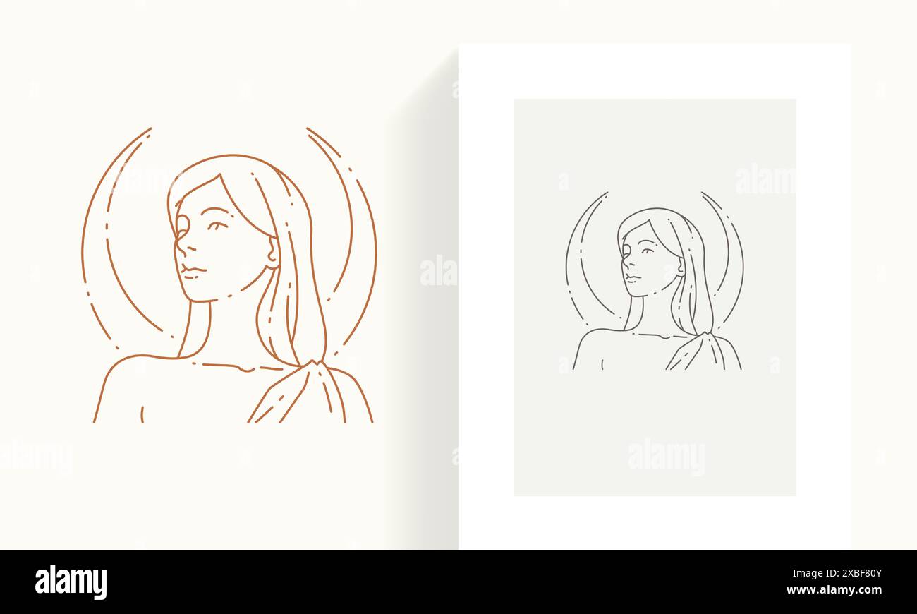 Immagine vettoriale di una dea medievale semplice e lineare disegnata a mano con cornice a mezzaluna. Donna esoterica greca antica persona mitica portr Illustrazione Vettoriale