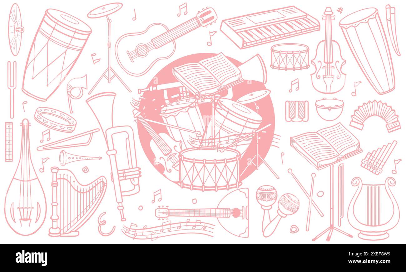 Set rosa di strumenti musicali classici e jazz disegnati a mano in stile doodle, isolati su sfondo bianco. Illustrazione Vettoriale