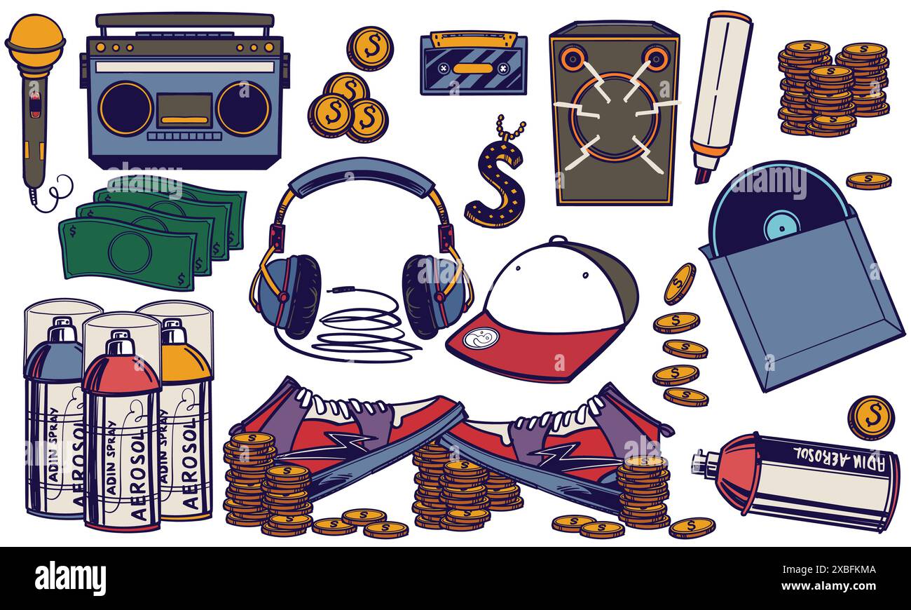 Set colorato di musica rap disegnato a mano. strumenti musicali in stile doodle isolati su sfondo bianco. Illustrazione Vettoriale