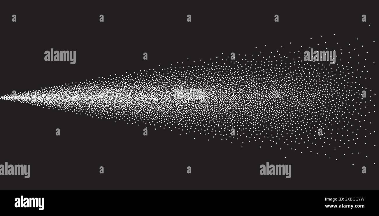 Illustrazione vettoriale dei punti neri. Esplosione astratta di particelle di polvere o gocce d'acqua dalla pistola spruzzatrice, flusso con la consistenza dell'aerosol nebulizzato Illustrazione Vettoriale