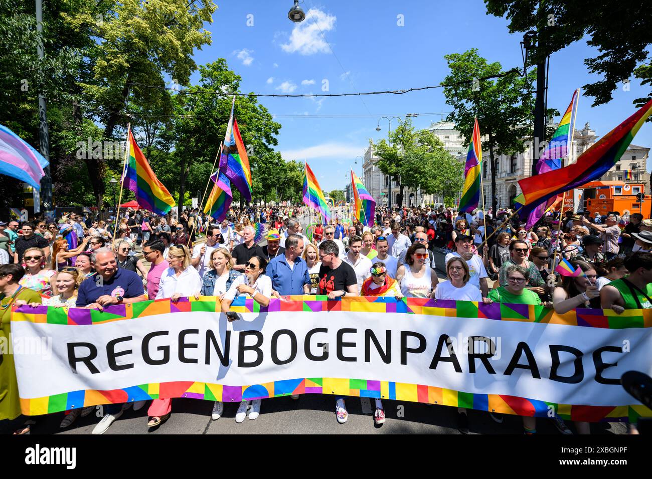 La parata del Rainbow Pride, come parte del festival del Vienna Pride a Vienna, in Austria, l'8 giugno 2024. Il Vicecancelliere Werner Kogler (Verdi), il Vicesindaco di Vienna Christoph Wiederkehr (NEOS), la presidente del club Beate Meinl-Reisinger (NEOS), il presidente del partito federale SPÖ Andreas Babler (SPÖ), la candidata dell'UE Lena Schilling, il ministro federale della giustizia Alma Zadic (Verdi), il ministro federale degli affari sociali Johannes Rauch (Verdi), ministro federale della protezione del clima Lenore Gewessler (Verdi) - 20240608 PD1701 credito: APA-PictureDesk/Alamy Live News Foto Stock