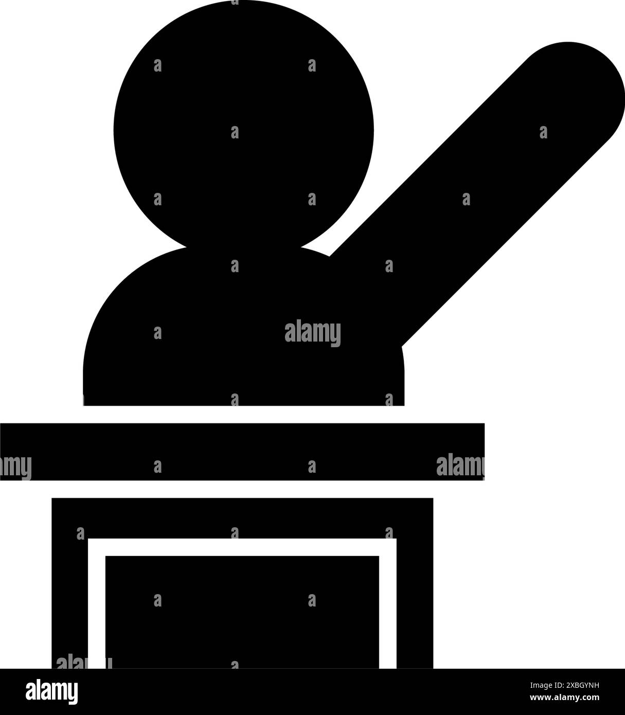 Un'icona vettoriale che raffigura un giudice seduto a una scrivania in un'aula di tribunale o in un ambiente legale. Illustrazione Vettoriale