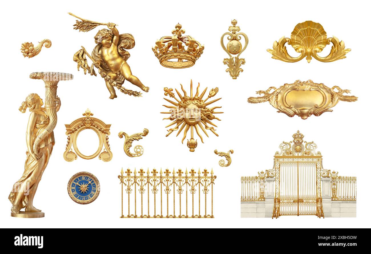 Dettagli dorati isolati al castello di Versailles. Francia. Foto Stock