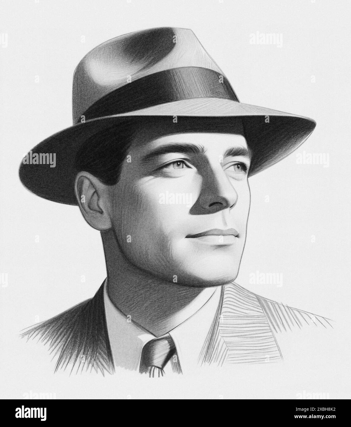 Ritratto di un uomo degli anni '1950 che indossa un cappello fedora o homburg, disegno digitale, grafica. Foto Stock