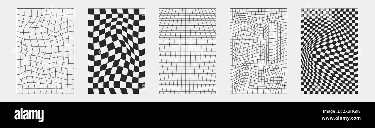 Wireframe astratti, elementi cyberpunk e griglie e sfere nere prospettiche. Set futuristico dal design geometrico surreale. Forme y2k psichedeliche. Rave Illustrazione Vettoriale