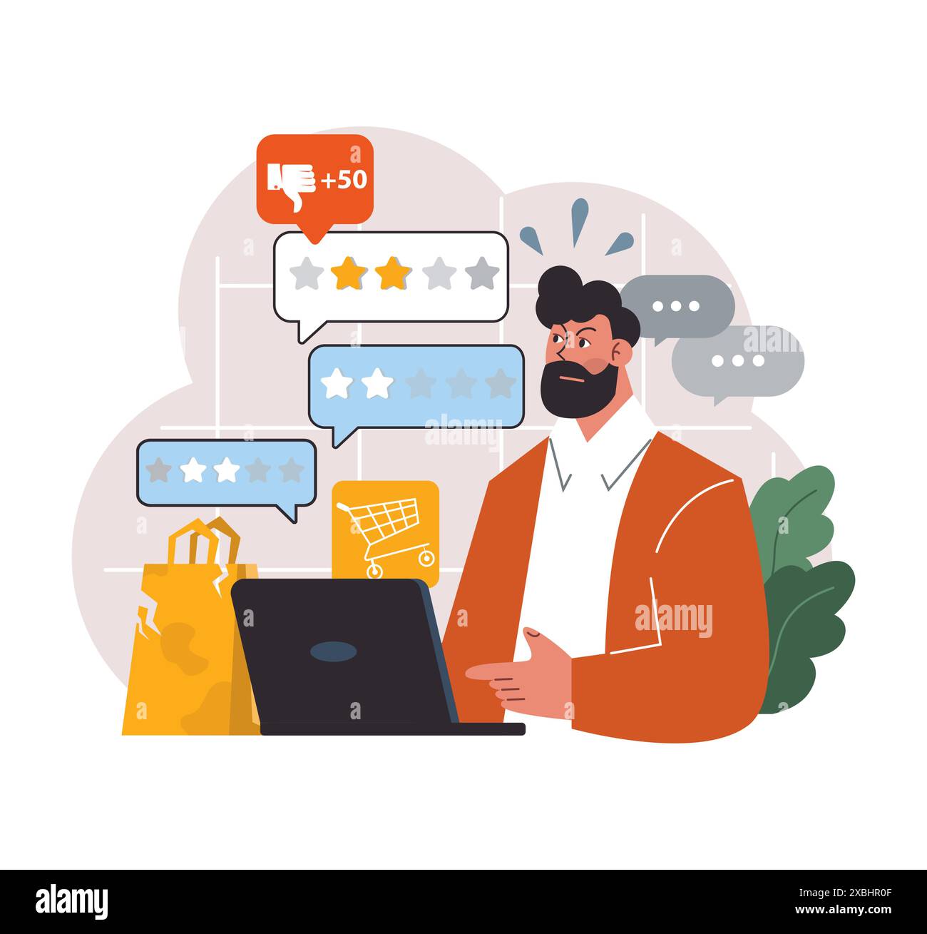 Uomo arrabbiato che lascia un cattivo feedback. Insoddisfazione del prodotto o dell'acquisto. Il cliente si lamenta di un pacco non valido nel negozio online o sul mercato. Illustrazione vettoriale piatta Illustrazione Vettoriale