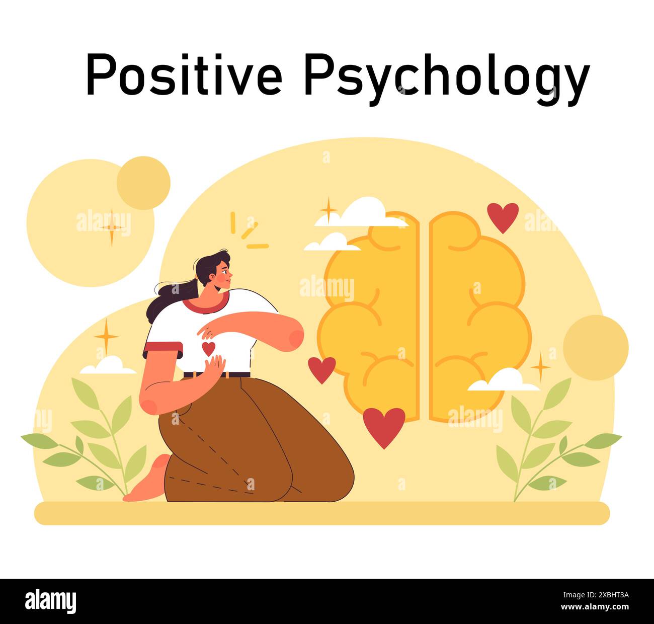 Psicologia positiva. Pensiero e atteggiamento positivi. Mentalità ottimista, accettazione e benessere. Giovane donna che lavora sulla sua salute mentale. Illustrazione vettoriale piatta Illustrazione Vettoriale