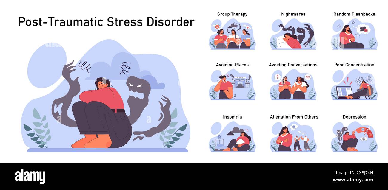 Disturbo da stress post traumatico impostato. Personaggio femminile che soffre di disturbi mentali, che si occupa di disperazione, paura e dolore. Ansia e depressione. Illustrazione vettoriale piatta Illustrazione Vettoriale