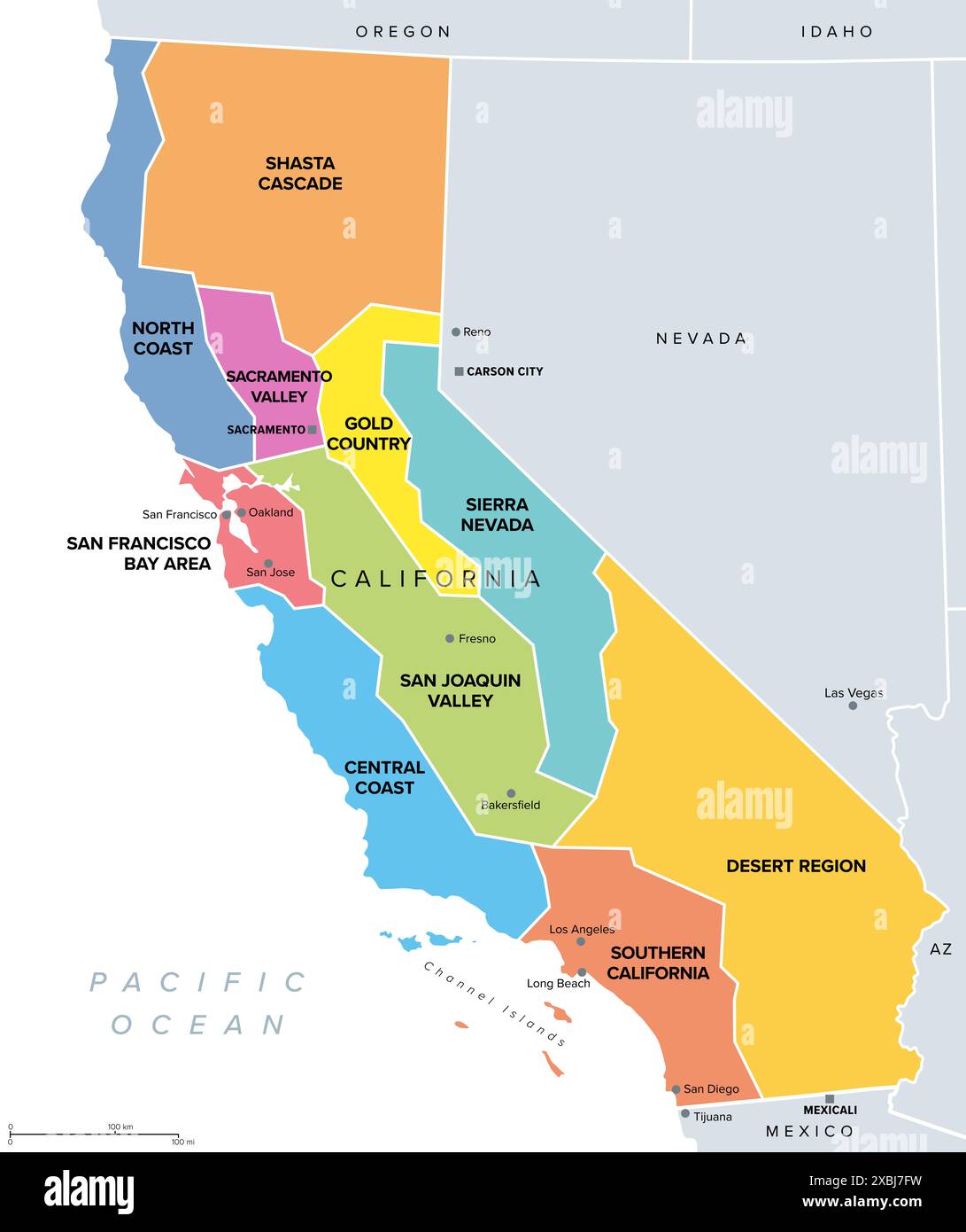California, regioni principali, mappa politica. Stato degli Stati Uniti occidentali con capitale Sacramento, sulla costa del Pacifico. Foto Stock