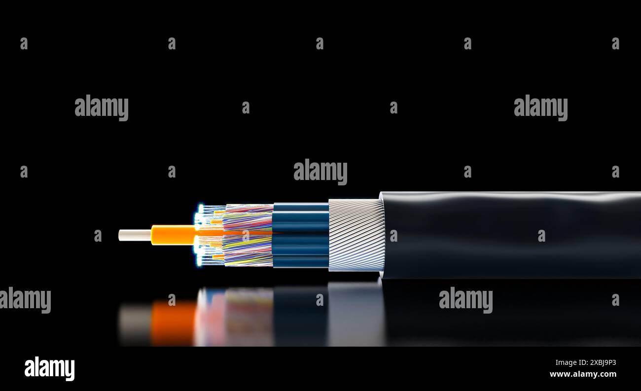 connessione a fibre ottiche via cavo, velocità, veloce, sfondo scuro a banda larga Foto Stock