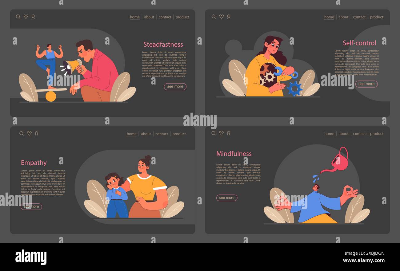 Banner Web o landing page in modalità notte o buio. Persona che trova equilibrio. Forza mentale o emotiva, autocontrollo psicologico. Determinazione verso l'obiettivo. Illustrazione vettoriale piatta Illustrazione Vettoriale