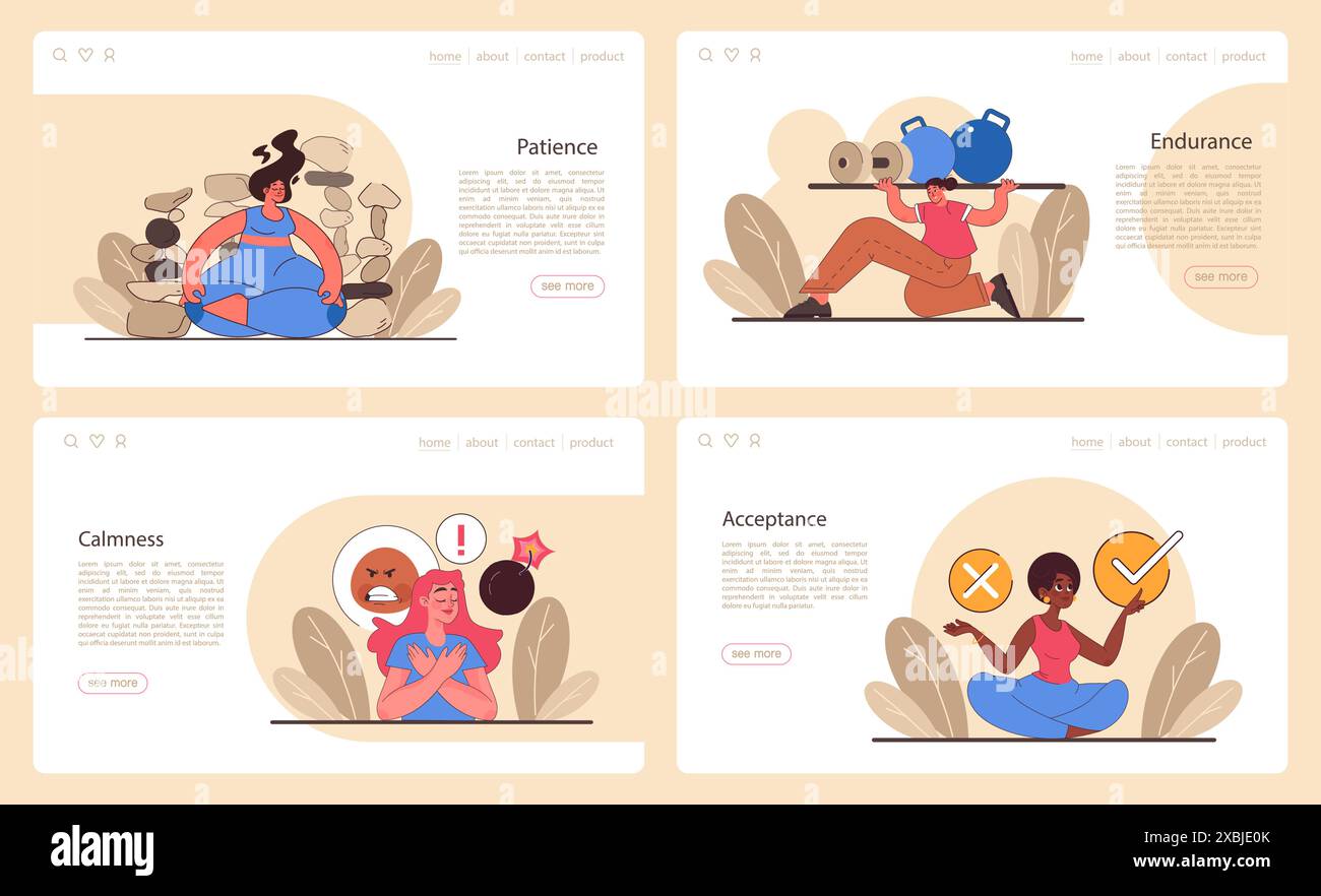 Pagina Web o pagina di destinazione impostata per la pazienza. Una persona calma che trova l'equilibrio. Forza mentale o emotiva, autocontrollo psicologico. Forte determinazione verso l'obiettivo. Illustrazione vettoriale piatta Illustrazione Vettoriale