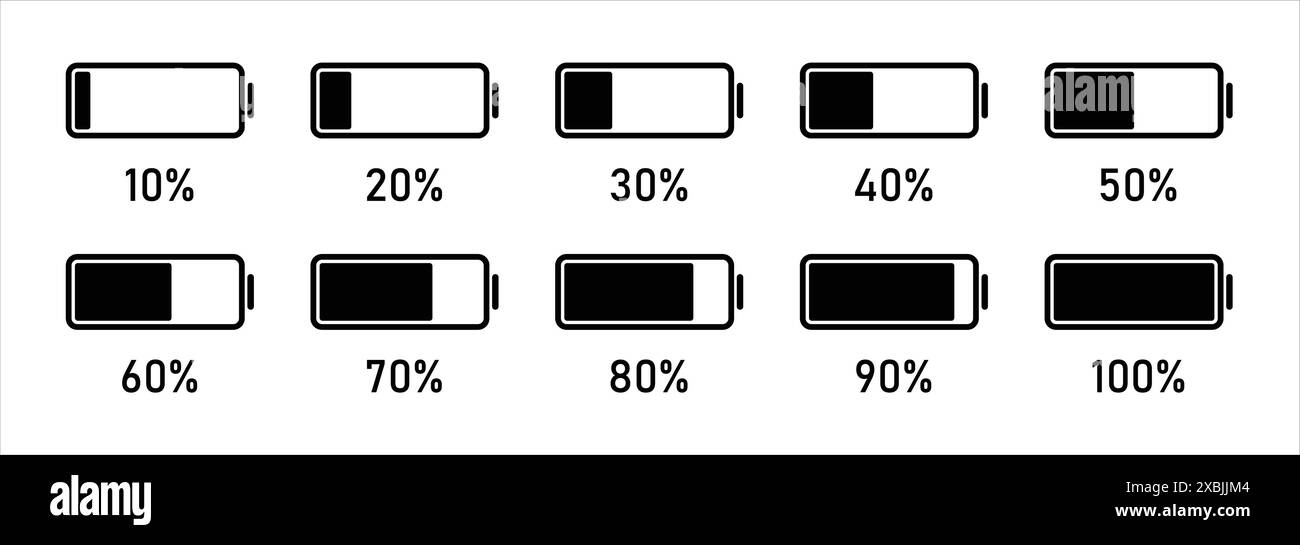 Livello di carica della batteria impostato con colore nero. Carica della batteria, indicatore di carica. Icone della batteria che passano dal 10 al 100% dal colore nero. Illustrazione Vettoriale