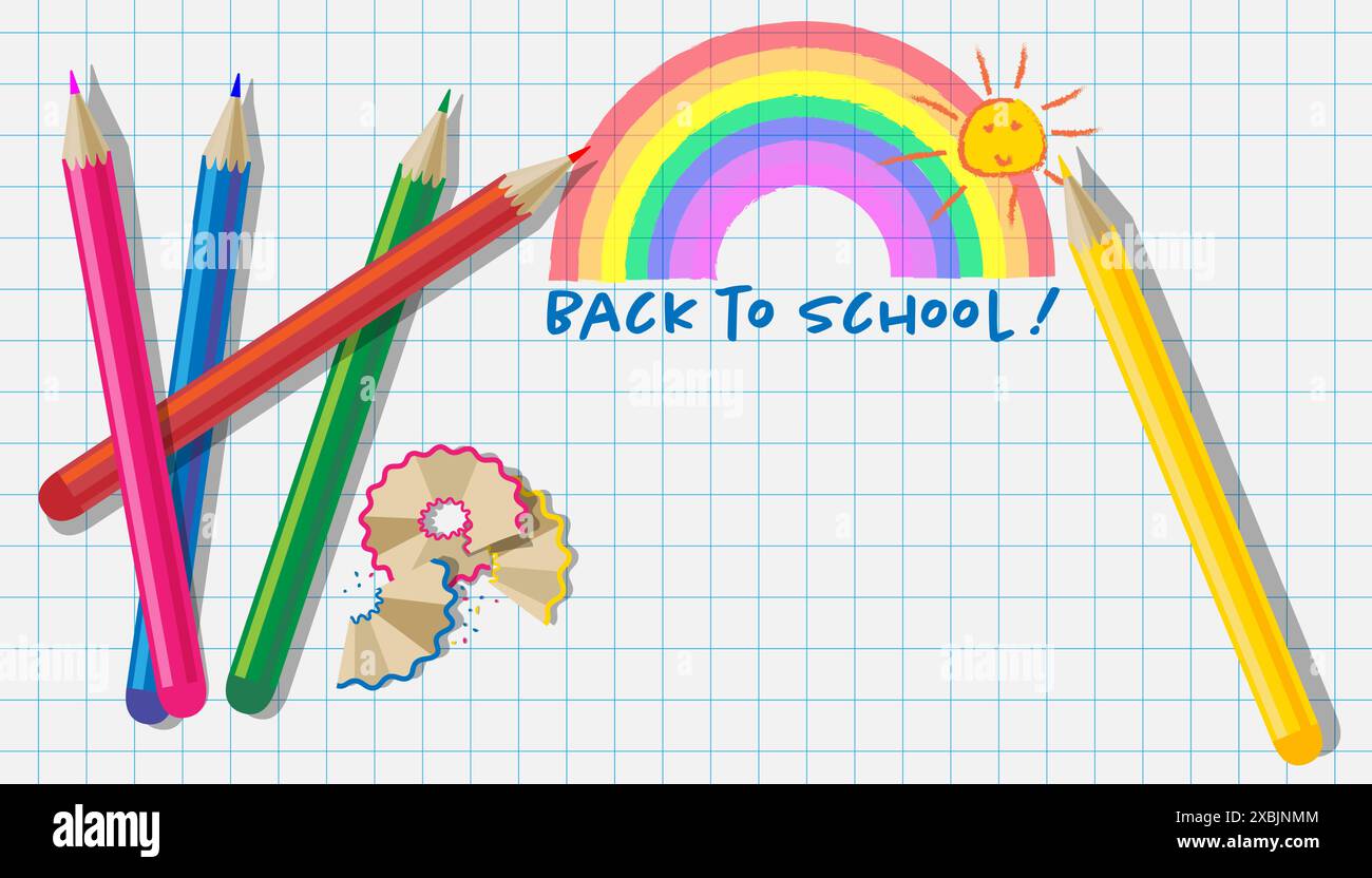 Colorate matite e trucioli su un foglio di carta grafica con un disegno per bambini di un arcobaleno e un sole e testo di ritorno a scuola. Copia spazio Illustrazione Vettoriale