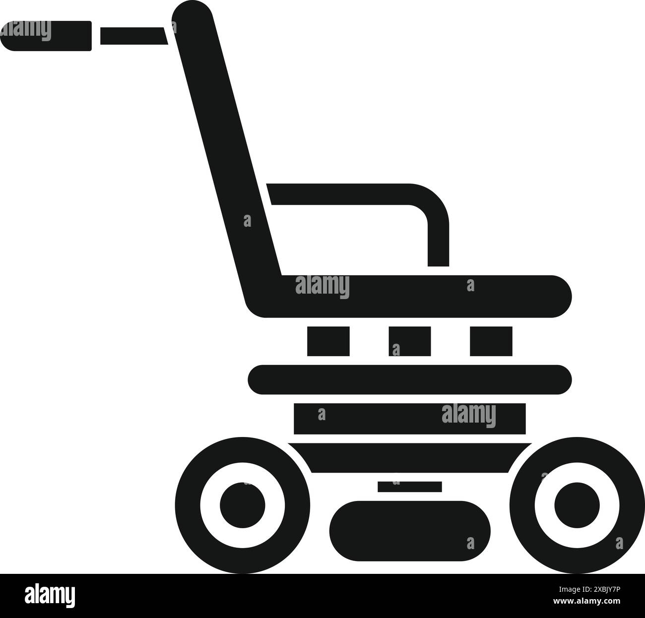 Il rasaerba per motociclisti viene azionato dall'icona di un comodo sedile. Semplice illustrazione del rasaerba per motociclisti azionato dall'icona del comodo sedile per il design a nastro isolato su sfondo bianco Illustrazione Vettoriale