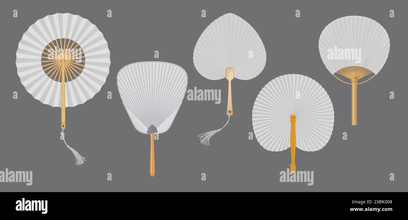 Tradizionali ventole asiatiche di carta bianca realistico set di illustrazioni vettoriali. Accessorio souvenir tradizionale dall'Asia oggetti 3d su grigio Illustrazione Vettoriale