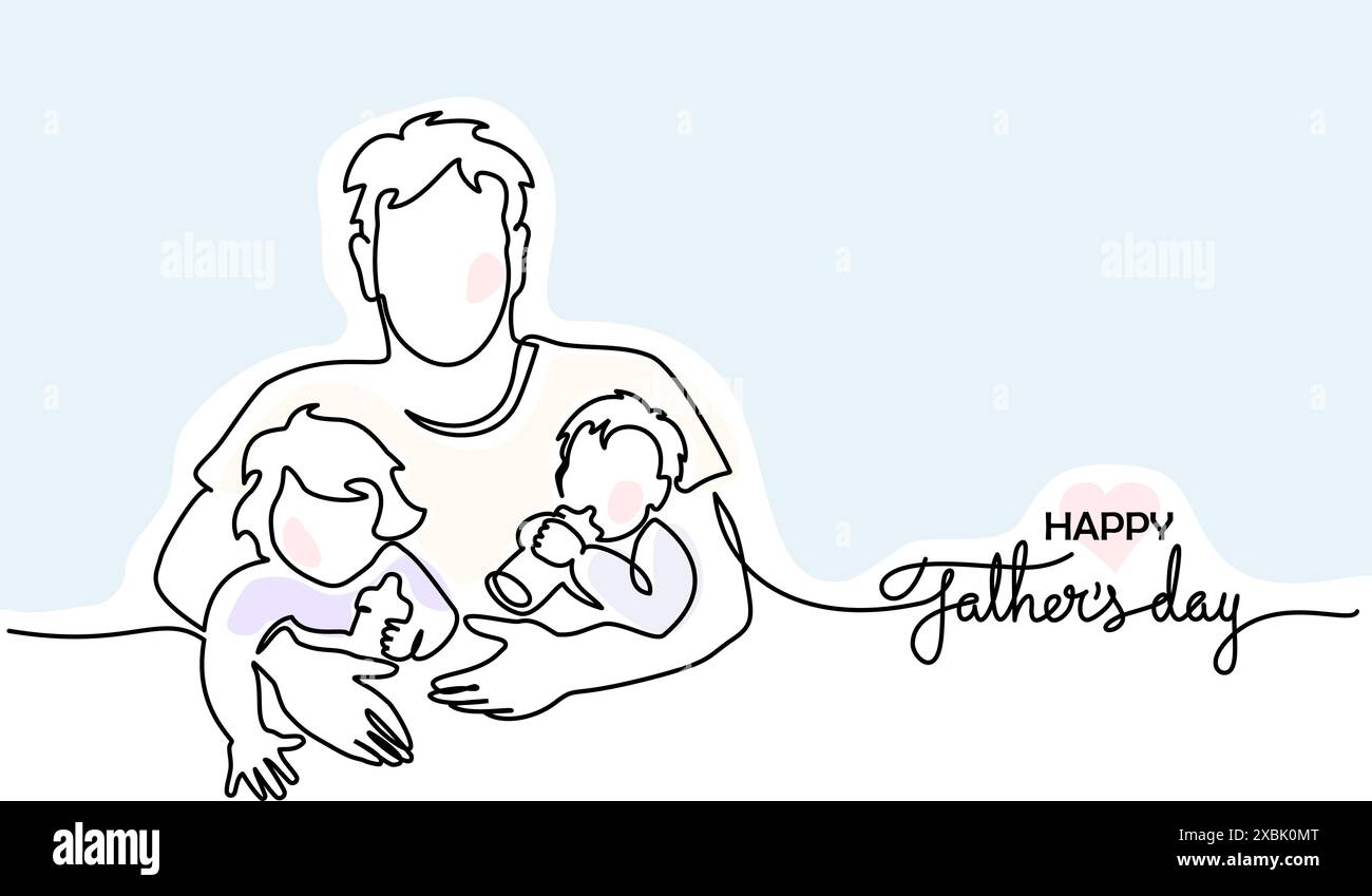 Tessera vacanza per il giorno del papà. Papà abbraccia i suoi figli piccoli. Illustrazione Vettoriale