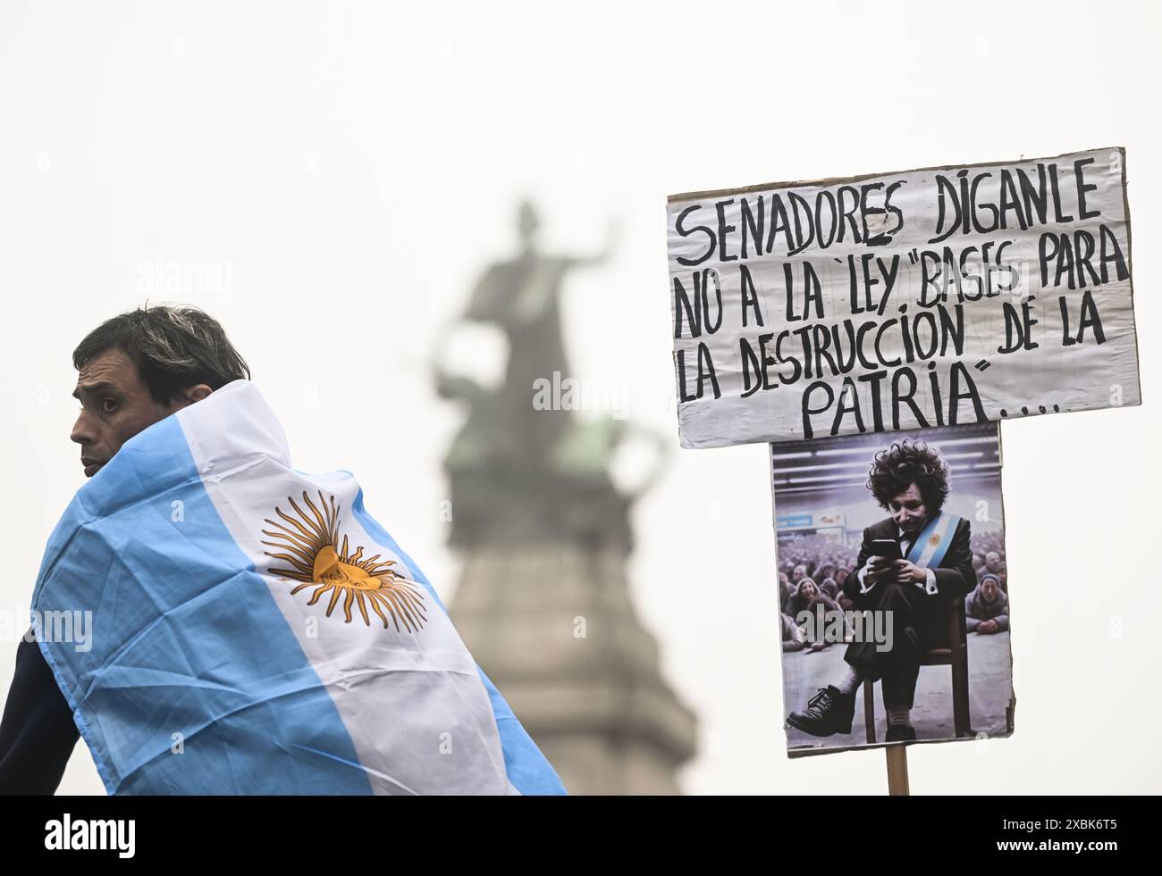 Buenos Aires, Argentina. 12 giugno 2024. Un manifestante con una bandiera argentina si erge accanto a una caricatura del presidente Milei durante una protesta contro un progetto di riforma del governo di fronte al Congresso. La caricatura allude al fatto che il capo di Stato argentino è molto attivo sulla piattaforma X. credito: Fernando Gens/dpa/Alamy Live News Foto Stock