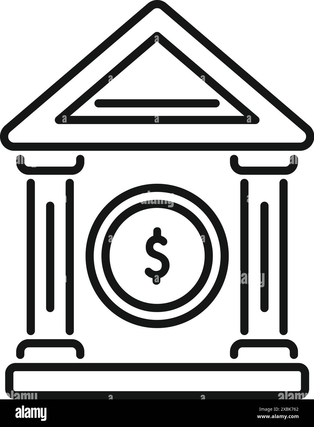 Icona della line art di un edificio bancario con un'importante moneta da un dollaro, che rappresenta i servizi finanziari e la stabilità economica Illustrazione Vettoriale