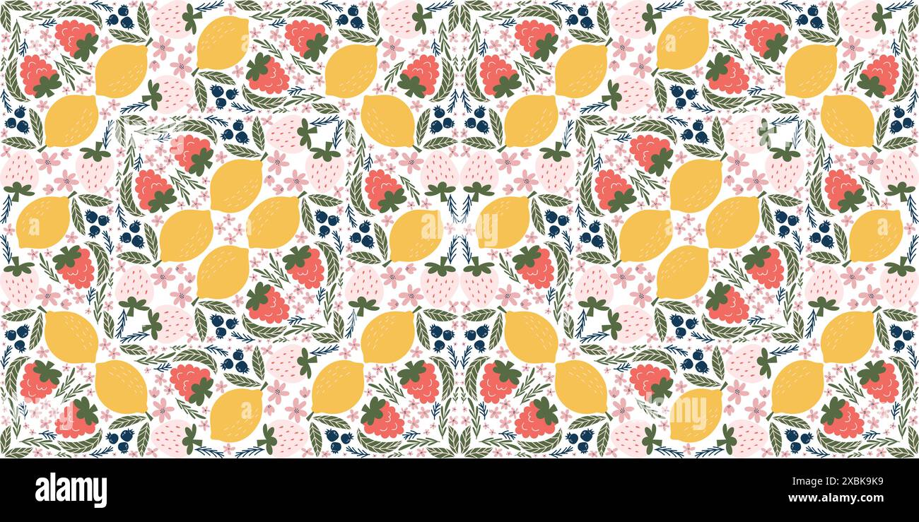 Vivace motivo senza cuciture con fragole bianche, lamponi, limoni, more, fiori rosa, e foglie verdi, disposte in una diam stravagante Illustrazione Vettoriale