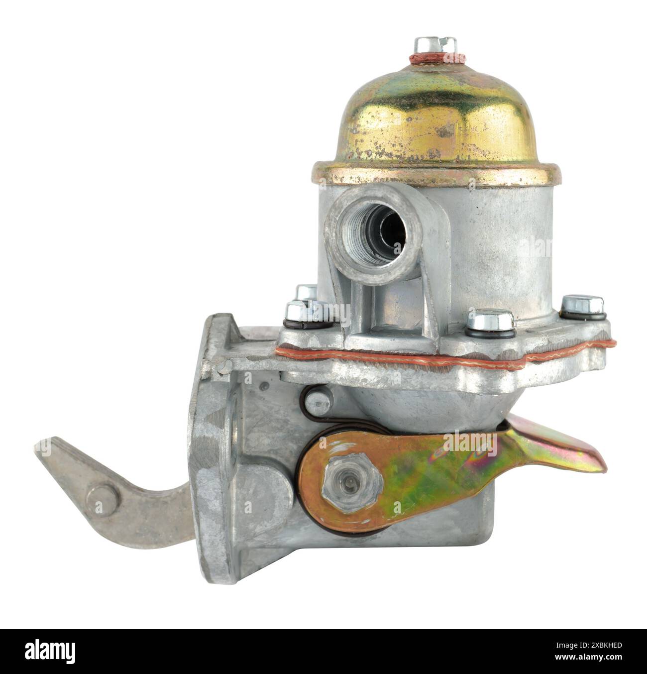 Pompa carburante, un dispositivo per pompare carburante dal serbatoio al motore, su sfondo bianco in isolamento Foto Stock