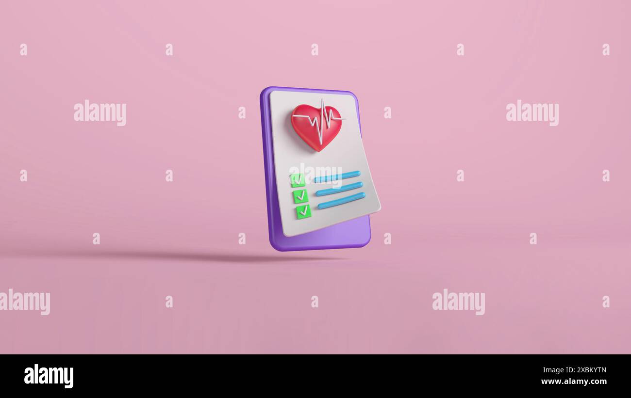 Illustrazione 3D di una lista di controllo per la salute con un cuore rosso e segni di spunta, su sfondo rosa, che rappresenta l'assistenza sanitaria e la valutazione medica Foto Stock