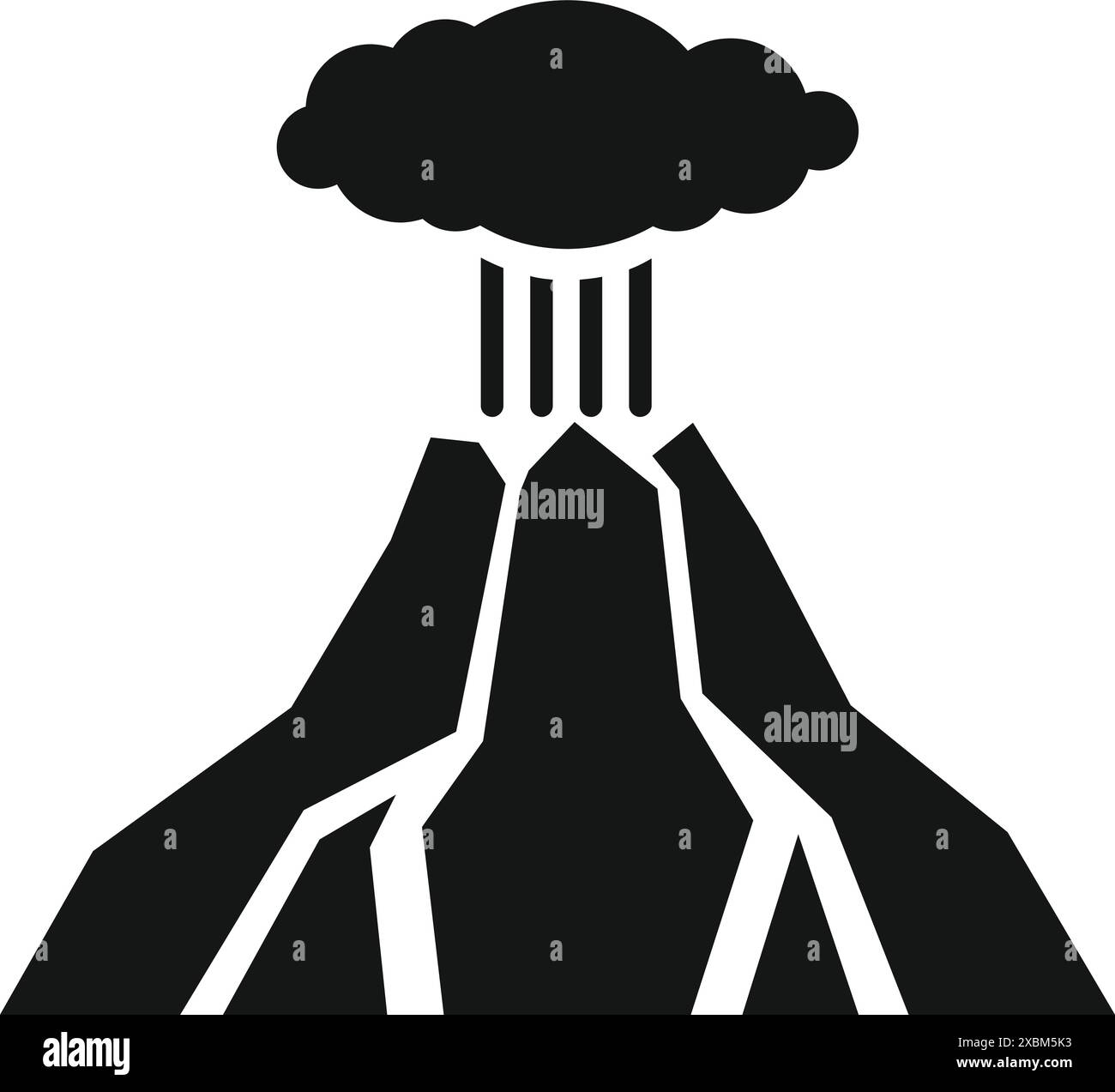 Icona in bianco e nero di un vulcano che erutta con lava che scorre lungo i suoi lati Illustrazione Vettoriale